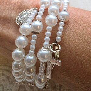 Rosary‎ Adjustable Bracelet, White Faux Pearl Miraculous Medal Crucifix Charm